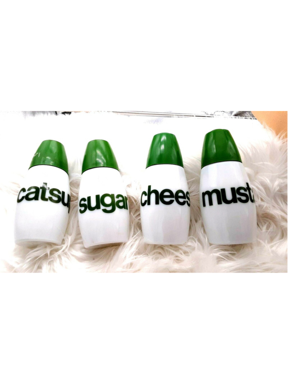 Vintage Condiment Set Green & White 4 piece set Cheese, Mustard, Catsup, Sugar